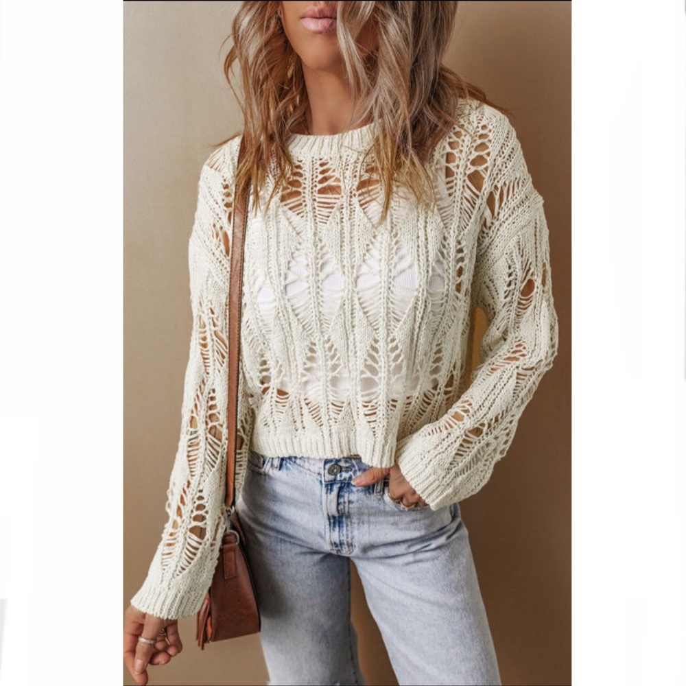Cream Crochet Loose Fit Sweater - Picture 3 of 12